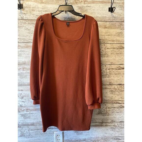 SHEIN Scoop Neck Lantern Sleeve Bodycon Dress Size Large Rust Brown - Picture 1 of 5